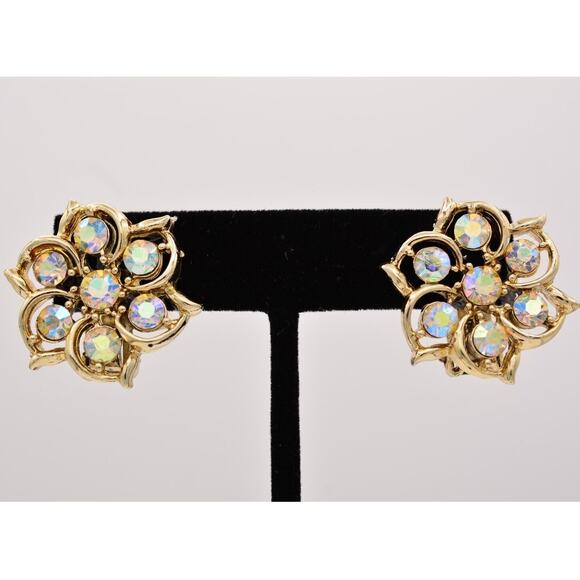 Vintage Crystal Clip On Earrings Flower Rhinestone Aurora Borealis Gold 60s BinZ - Picture 1 of 12